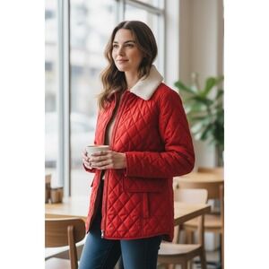 MICHAEL Michael Kors Quilted Jacket Womens Red Sherpa Collar Puffer XL